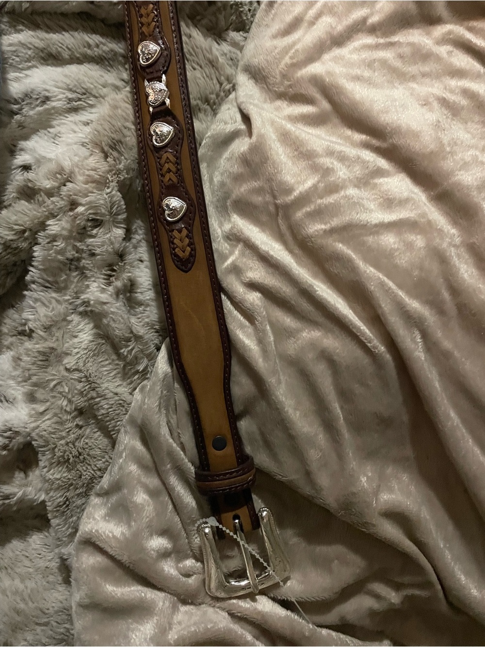 Brown Tooled Leather Belt with Silver Heart Conchos